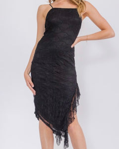 Lace side slit ruffle trim midi dress