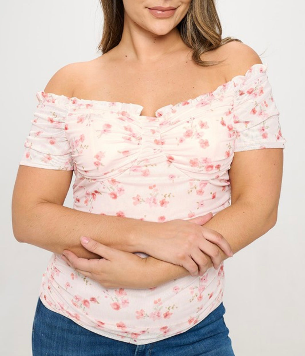 Floral mesh off shoulder top