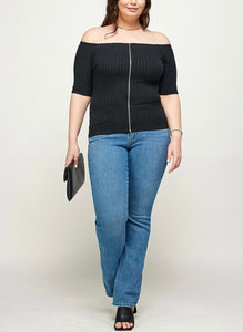 Solid ribbed off shoulder zip top