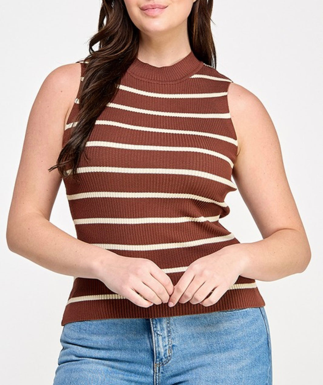 Mock neck striped sweater knit top