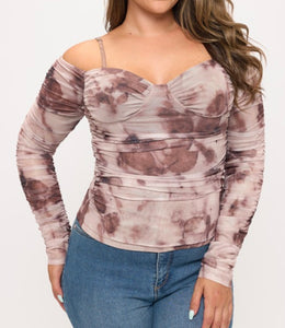 Cold shoulder ruched mesh top