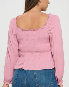 Ruched front ruffle trim top