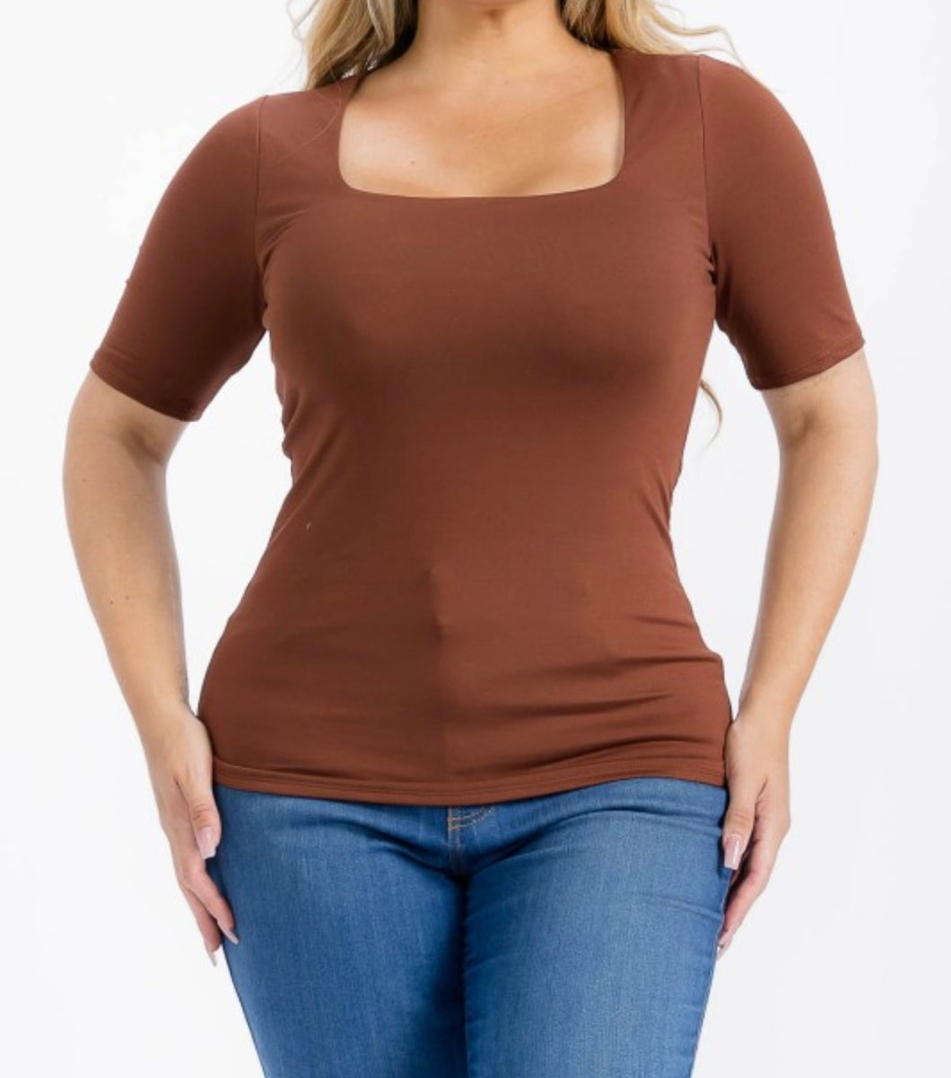 Solid square neckline short sleeve top