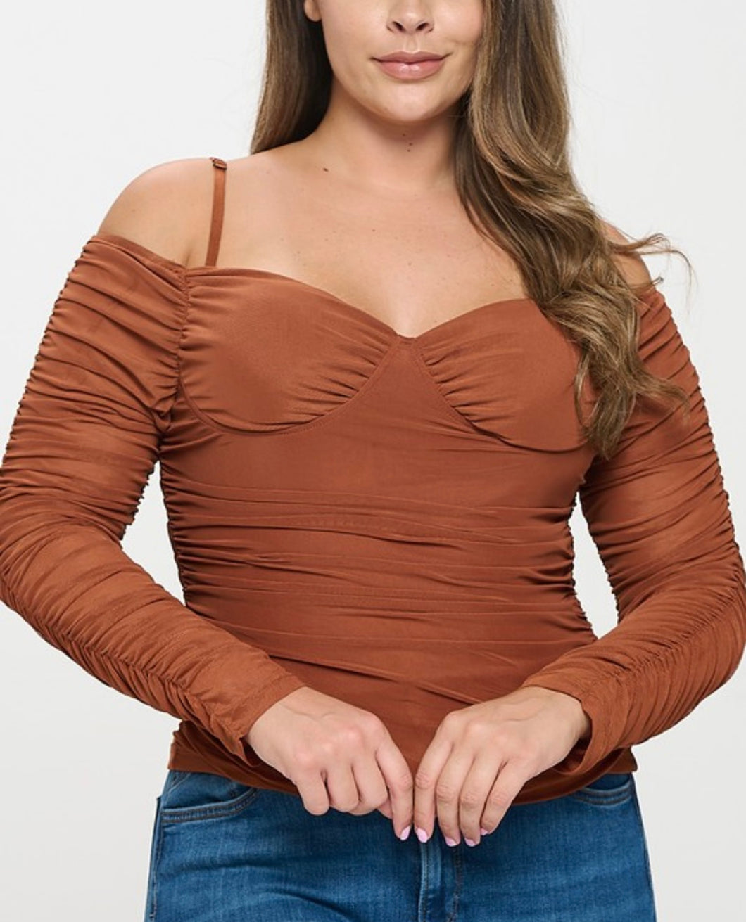 Off Shoulder Sheer Mesh Ruched Top