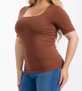 Solid square neckline short sleeve top