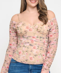 Floral mesh cold shoulder top