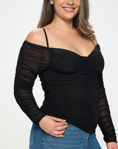 Off Shoulder Sheer Mesh Ruched Top