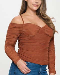 Off Shoulder Sheer Mesh Ruched Top