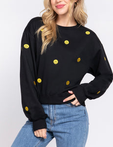 Crew neck embo detail inner brush terry top