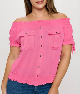 Smocked neckline off shoulder top