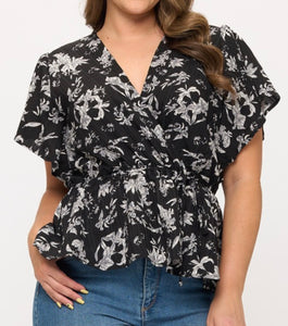 Tropical print surplice top