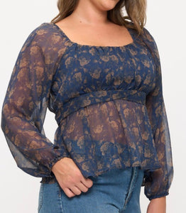 Floral print tie back long sleeve top