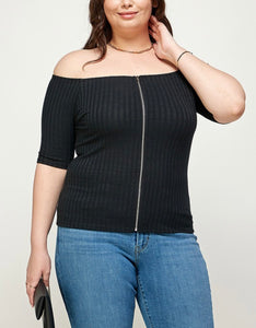 Solid ribbed off shoulder zip top