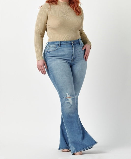 High Rise Long Inseam Slit Flare Jeans