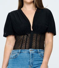 Load image into Gallery viewer, Mesh V Neck Short Puff Sleeves Bodysuit
