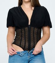 Load image into Gallery viewer, Mesh V Neck Short Puff Sleeves Bodysuit
