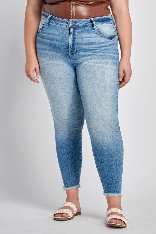 Mid Rise Frayed Hem Crop Skinny Jeans
