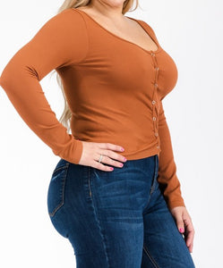 Ribbed Snap Button Long Sleeve Top