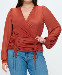 Ruched Mesh Long Sleeve Top