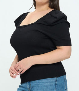 Square Neckline Puff Sleeve Knit Top