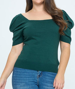 Square Neckline Puff Sleeve Knit Top