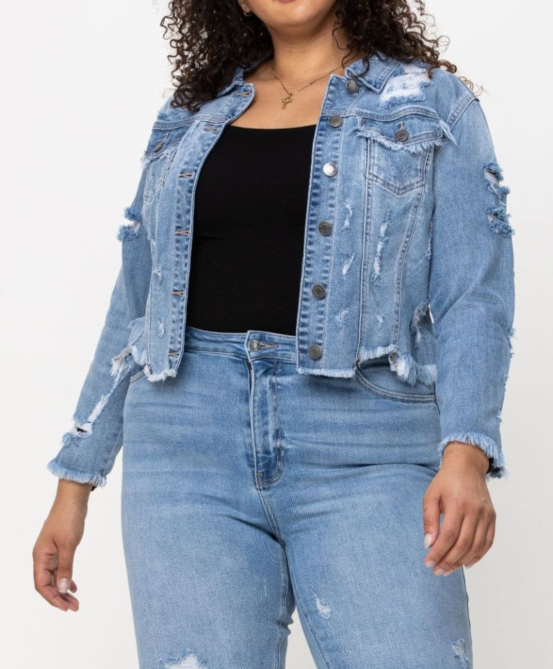 Mid Length Uneven All Over Fray Edges Denim Jacket