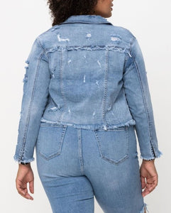 Mid Length Uneven All Over Fray Edges Denim Jacket